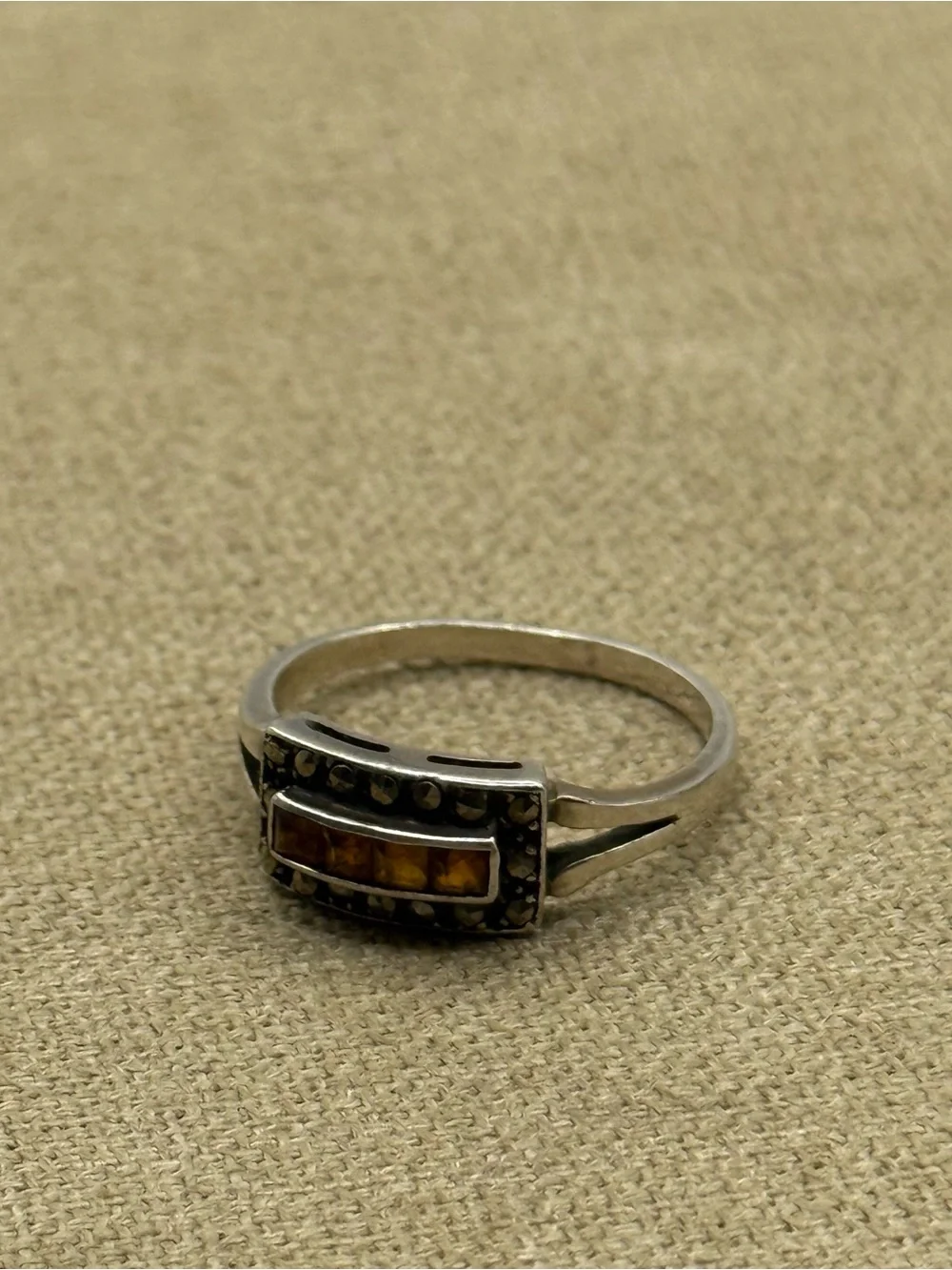 vintage Sterling Silver Marcasite Amber Bar Ring - Amber